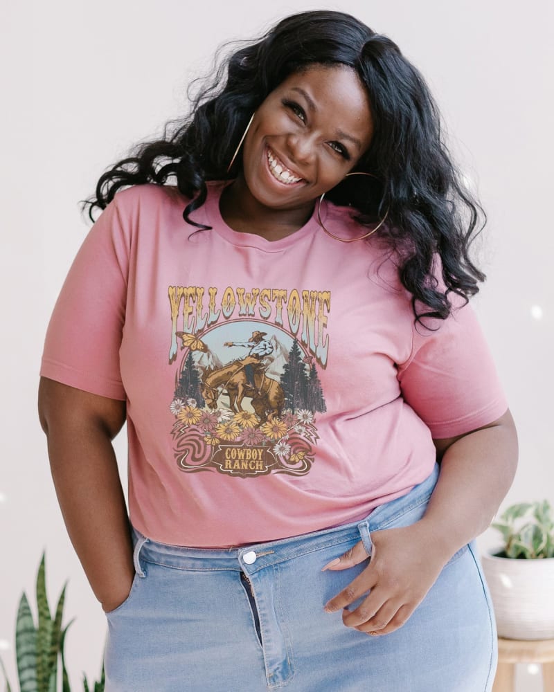 Front of a model wearing a size Large Yellowstone Cowboy Ranch in Mauve by Simply Sage Market. | dia_product_style_image_id:281740